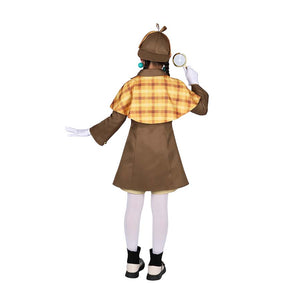 Back view of the Detective Peach costume, featuring the checkered cape, brown coat, and magnifying glass prop.