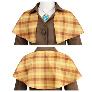 Close - up details of the checkered cape and blue gem necklace of the Detective Peach costume.