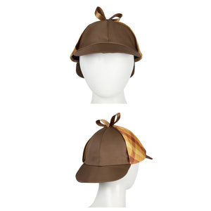Deerstalker hat of the Detective Peach costume, brown with checkered side panels and bow detail, shown from front and side.