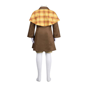 Back view of the Detective Peach costume on a mannequin, featuring the checkered cape and brown coat.
