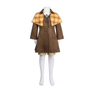 Detailed front view of the Detective Peach costume on a mannequin, emphasizing the brown coat, checkered cape, and necklace.