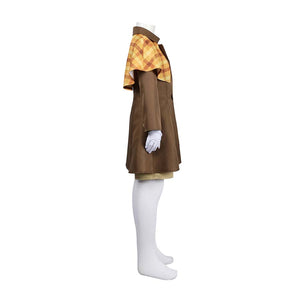 Detailed side view of the Detective Peach costume on a mannequin, highlighting the brown coat, checkered cape, and gloves.