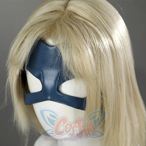 Dispatch Mandy cosplay costume blue mask detail with blonde wig extreme closeup