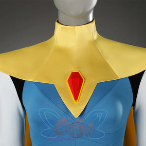 Dispatch Mandy cosplay costume chest detail with yellow collar and red gem centerpiece