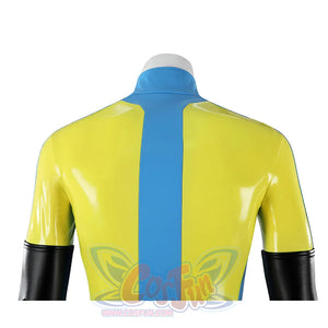 Dispatch Waterboy cosplay costume upper back close-up, yellow-green suit with blue center stripe and black arm bands