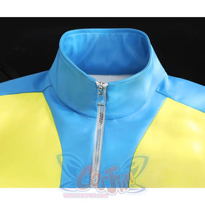 Dispatch Waterboy cosplay costume collar detail close-up, blue stand-up collar with front zipper and yellow-green panels