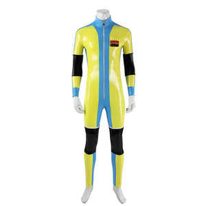 Dispatch Waterboy cosplay costume full front view, yellow-green and blue jumpsuit with black arm and knee panels