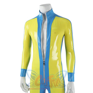 Dispatch Waterboy cosplay costume front view with zipper open, revealing yellow-green and blue glossy jumpsuit interior