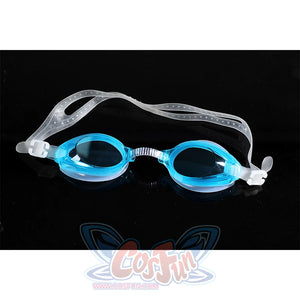 Dispatch Waterboy cosplay costume blue swimming goggles detail on black background, clear strap and blue lens shown