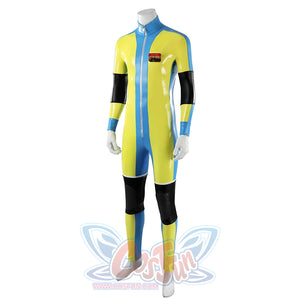 Dispatch Waterboy cosplay costume left side view, yellow-green and blue jumpsuit with black arm bands and knee pads