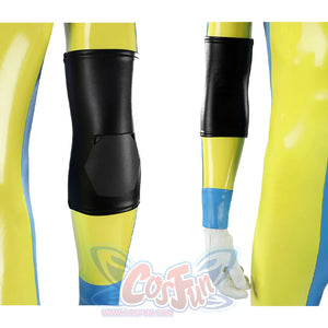 Dispatch Waterboy cosplay costume protective accessories, black knee pad and arm sleeve on yellow-green jumpsuit