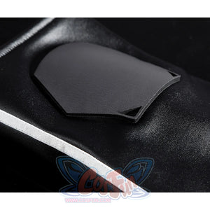 Dispatch Waterboy cosplay costume knee pad detail close-up, black faux leather protective panel with white stitching
