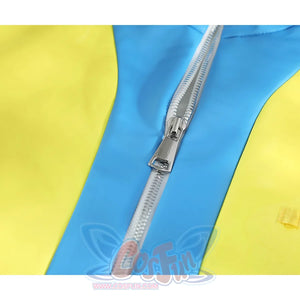 Dispatch Waterboy cosplay costume zipper close-up, silver metal front zipper on blue and yellow-green faux leather fabric