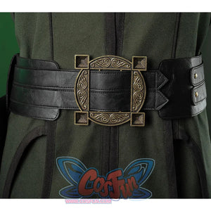 Doctor Doom Cosplay Costume belt, the clothes are dark green, with a black belt and a round copper ornament with a square hole in the middle.