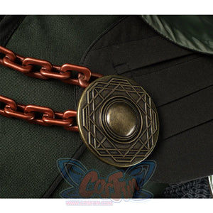 Doctor Doom Cosplay Costume have a dark green long cape with round copper ornaments on both sides, connected and fixed by two brown chains.