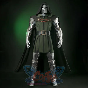 Doctor Doom Cosplay Costume mainly have a dark green long cape with round copper ornaments on both sides, connected and fixed by two brown chains, the clothes are also dark green, with a black belt and a round copper ornament with a square hole in the middle, the armrests and leg armor are made of silver shiny leather.