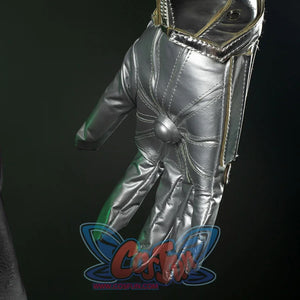 Doctor Doom Cosplay Costume gloves, the gloves are also silver shiny leather, with round ball decorations on the palm.