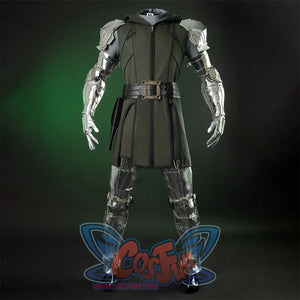 Doctor Doom Cosplay Costume inner set, the clothes are dark green, with a black belt and a round copper ornament with a square hole in the middle, the armrests and leg armor are made of silver shiny PU leather.
