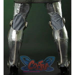 Doctor Doom Cosplay Costume leg armor back view, the leg armor are made of silver shiny PU leather, there Two holes on the back of the knee for easier movement.
