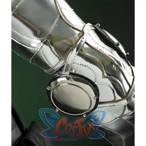Doctor Doom Cosplay Costume's upper armarmor is made of silver shiny PU leather, there is also a decoration on the elbow.