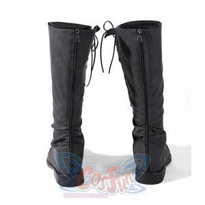 Dunk cosplay boots back view displaying dual back zippers and lace-up top detail on dark gray knee-high boots