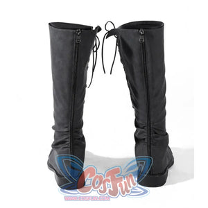 Dunk cosplay boots back view displaying dual back zippers and lace-up top detail on dark gray knee-high boots