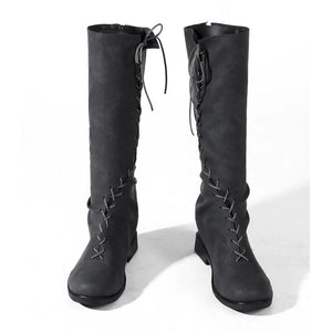 Dunk cosplay knee-high lace-up boots in dark gray with cross lacing detail, front view on white background