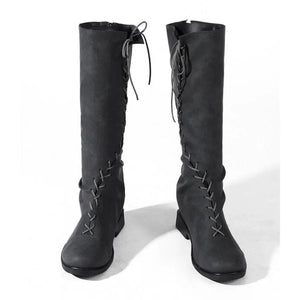Dunk cosplay knee-high lace-up boots in dark gray with cross lacing detail, front view on white background