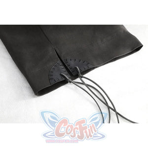 Dunk cosplay black pants ankle hem flat lay showing thin dark cord strings threaded through hem opening.