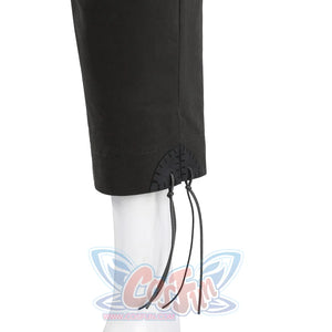 Close-up of Dunk cosplay black pants ankle hem with black cord tie strings for adjustable fit.