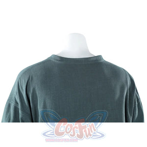 Upper back close-up of Dunk cosplay blue tunic on mannequin showing wide boxy cut and fabric texture.