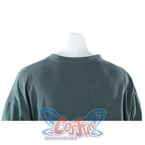 Upper back close-up of Dunk cosplay blue tunic on mannequin showing wide boxy cut and fabric texture.