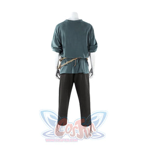 Back view of Dunk cosplay blue tunic with rope belt at waist and black pants on mannequin, no cloak.