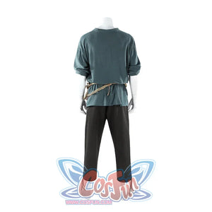 Back view of Dunk cosplay blue tunic with rope belt at waist and black pants on mannequin, no cloak.