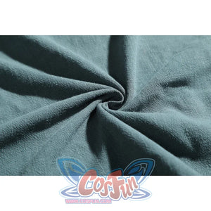 Macro close-up of Dunk cosplay blue tunic fabric showing soft linen-cotton blend texture and natural folds.