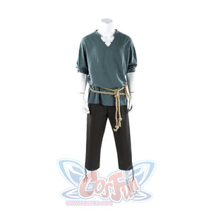 Full front view of Dunk cosplay blue tunic and black pants on mannequin with braided rope belt tied at waist.