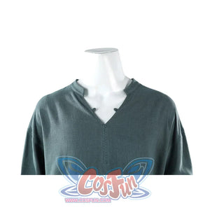 Close-up of Dunk cosplay blue tunic V-neckline on mannequin showing small snap buttons at collar opening.