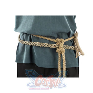 Close-up of Dunk cosplay braided rope belt knotted at waist over blue tunic, with black pants below.
