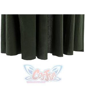 Bottom hem of Dunk cosplay green cloak showing pleated fabric folds and raw unfinished edge detail.