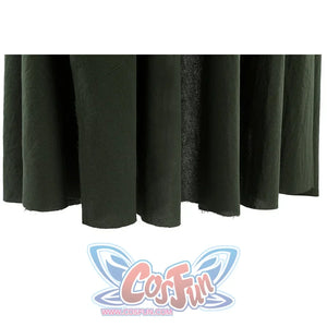 Bottom hem of Dunk cosplay green cloak showing pleated fabric folds and raw unfinished edge detail.