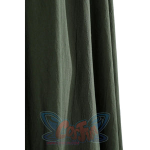 Close-up of Dunk cosplay green cloak lower section showing fabric folds and natural draping texture.