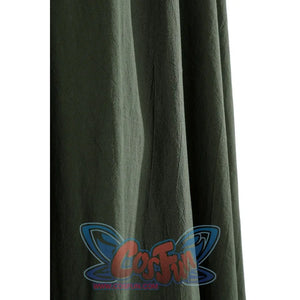 Close-up of Dunk cosplay green cloak lower section showing fabric folds and natural draping texture.