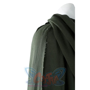 Close-up of Dunk cosplay green cloak shoulder area highlighting the raw-edge seam stitching detail.