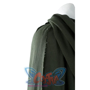 Close-up of Dunk cosplay green cloak shoulder area highlighting the raw-edge seam stitching detail.