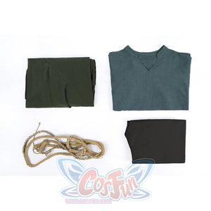 Dunk cosplay complete set flat lay showing folded green cloak, blue tunic, rope belt, and black pants.