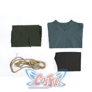 Dunk cosplay complete set flat lay showing folded green cloak, blue tunic, rope belt, and black pants.