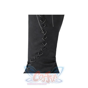 Close-up of Dunk cosplay tall dark grey lace-up boot showing detailed side lacing from shin to ankle.