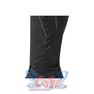 Close-up of Dunk cosplay tall dark grey lace-up boot showing detailed side lacing from shin to ankle.