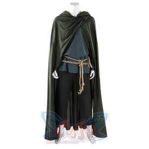 Front view of Dunk cosplay full costume with cloak open, showing blue tunic, rope belt, and black pants.
