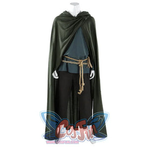 Front view of Dunk cosplay full costume with cloak open, showing blue tunic, rope belt, and black pants.